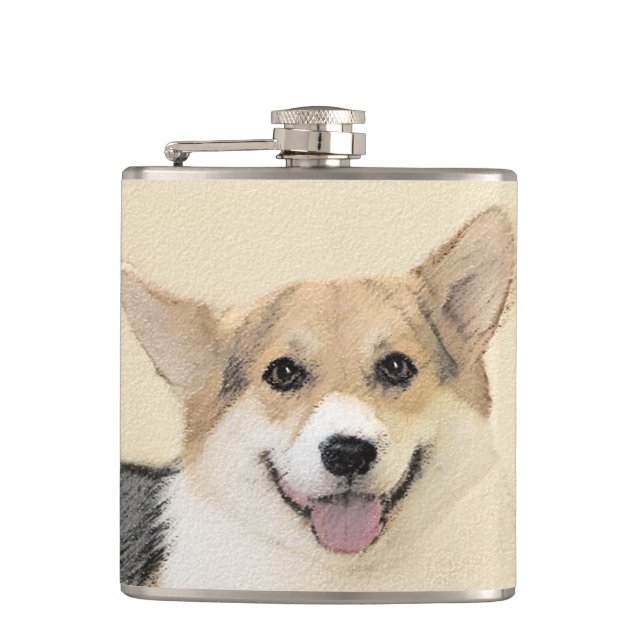 Pembroke Welsh Corgi Painting - Original Dog Art Hip Flask (Front)