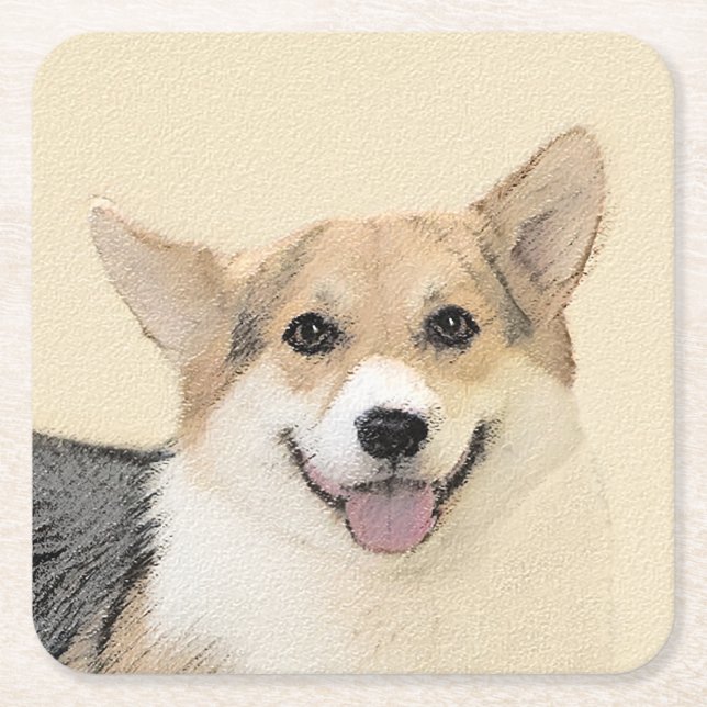 Pembroke Welsh Corgi Painting - Original Dog Art Square Paper Coaster (Front)