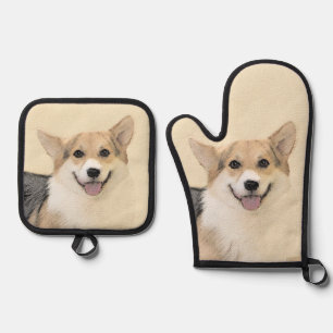 Pembroke Welsh Corgi Painting Tri-Colour Dog Art Oven Mitt & Pot Holder Set