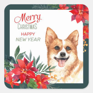 Pembroke Welsh Corgi Poinsettia Border Christmas Square Sticker