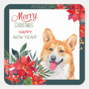Pembroke Welsh Corgi Poinsettia Bouquet Christmas  Square Sticker