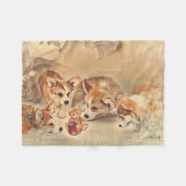 Pembroke Welsh Corgi Puppies Fleece Blanket (Front (Horizontal))