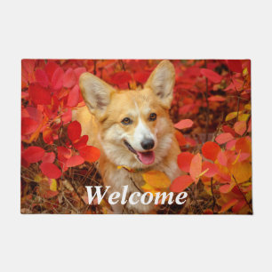 Pembroke Welsh Corgi Puppy Dog in Red Leaves Doormat