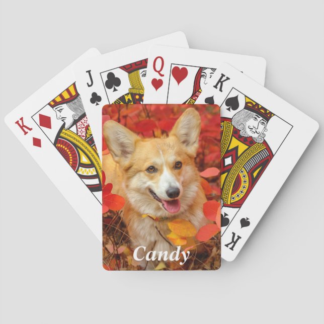 Pembroke Welsh Corgi Puppy Dog in Red Leaves Playing Cards (Back)