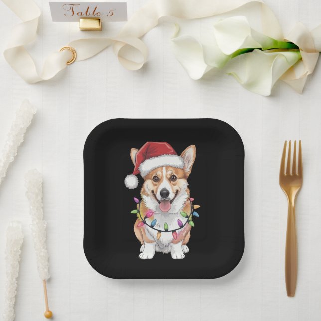 Pembroke Welsh Corgi Santa Christmas Tree Lights  Paper Plate (Wedding)