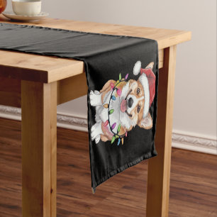Pembroke Welsh Corgi Santa Christmas Tree Lights Short Table Runner