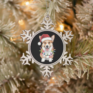 Pembroke Welsh Corgi Santa Christmas Tree Lights  Snowflake Pewter Christmas Ornament