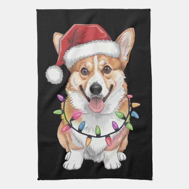 Pembroke Welsh Corgi Santa Christmas Tree Lights  Tea Towel (Vertical)