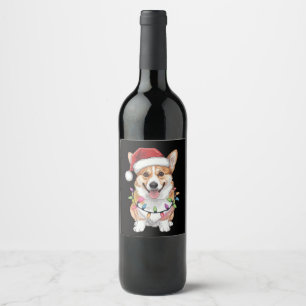 Pembroke Welsh Corgi Santa Christmas Tree Lights Wine Label
