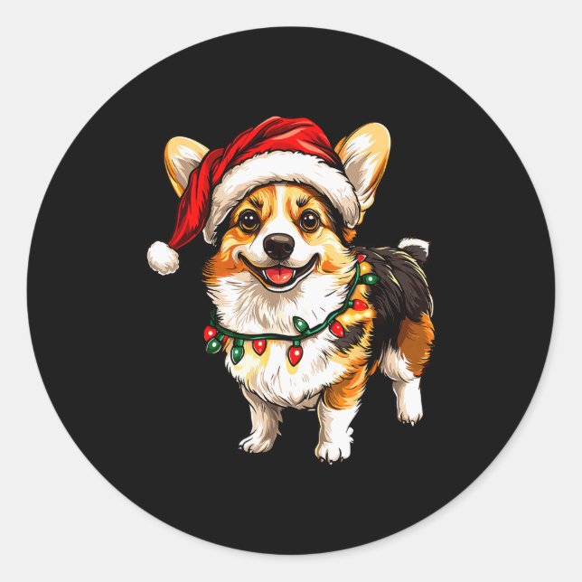 Pembroke Welsh Corgi Santa Christmas Tree Lights X Classic Round Sticker (Front)