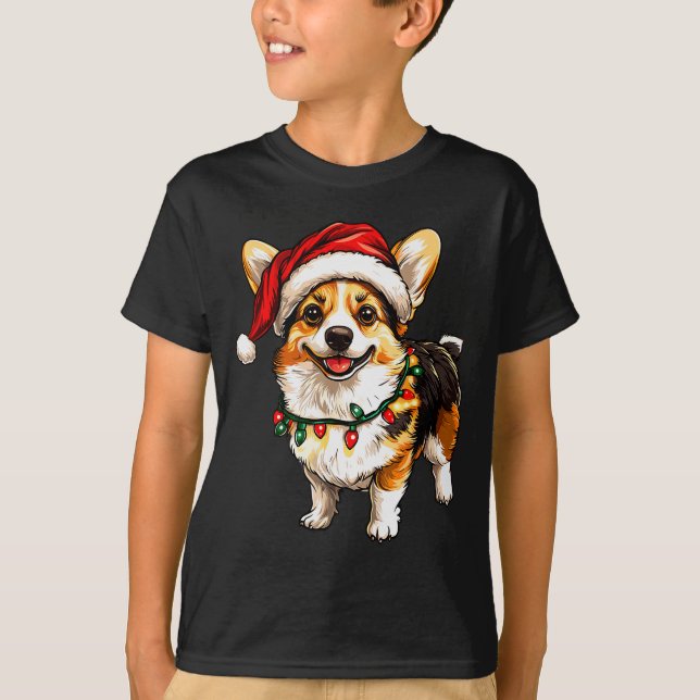 Pembroke Welsh Corgi Santa Christmas Tree Lights X T-Shirt (Front)