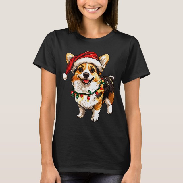 Pembroke Welsh Corgi Santa Christmas Tree Lights X T-Shirt (Front)