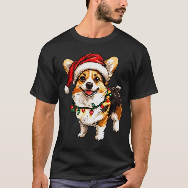 Pembroke Welsh Corgi Santa Christmas Tree Lights X T-Shirt (Front)
