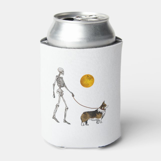 Pembroke Welsh Corgi Skeleton Dog Walking Hallowee Can Cooler (Can Front)