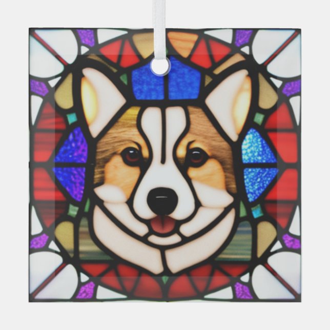 Pembroke Welsh Corgi "Stained Glass"  Glass Tree Decoration (Front)