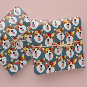 Pembroke Welsh Corgi Teal Cartoon Wrapping Paper
