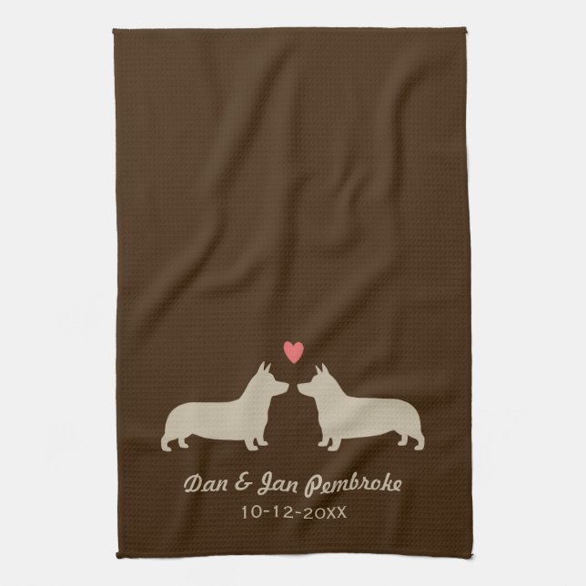 Pembroke Welsh Corgis with Heart Personalized Tea Towel (Vertical)