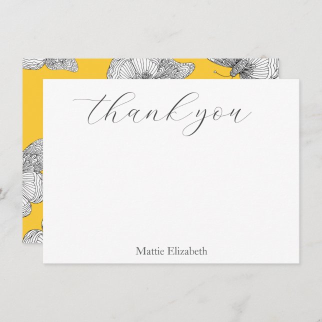 Pen and Ink Butterfly Pattern Yellow Background Thank You Card (Front/Back)