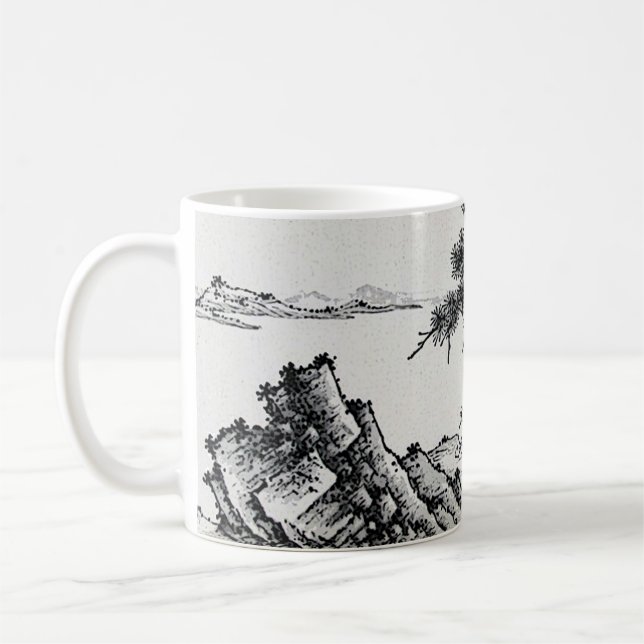 Pen and ink Chinese landscape with pine trees Coffee Mug (Left)