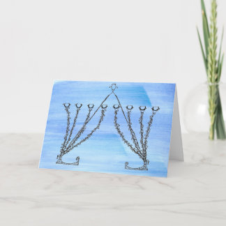 Pen and Ink Rococco Chanukah Menorah on Blue Field Holiday Card