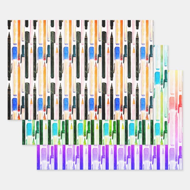 Pen And Pencil Set Of 3 Wrapping Paper Sheet (Set)