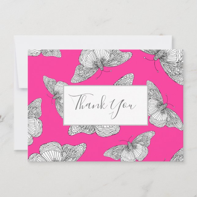 Pen & Ink Butterfly Pattern Hot Pink Background Thank You Card (Front)