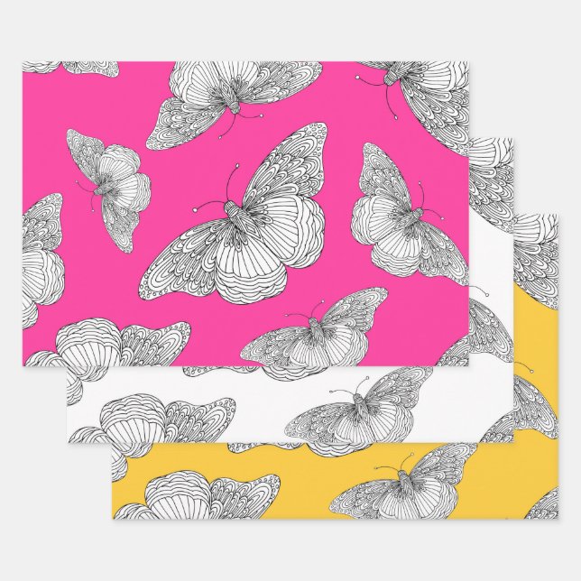 Pen & Ink Butterfly Patterns Wrapping Paper Sheet (Set)