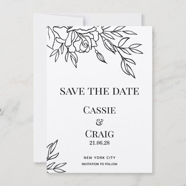 Pen & Ink Rose Wedding Save The Date Invitation (Front)