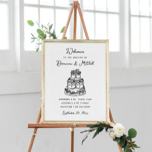 Pen Ink Whimsical Hand Drawn Cake Wedding Welcome Poster