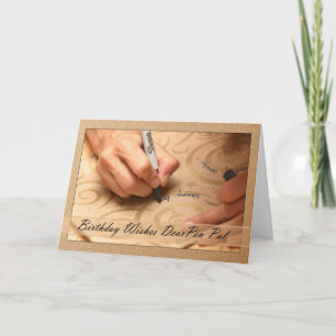 Pen Pal Birthday Card with hands writing Happy Bir