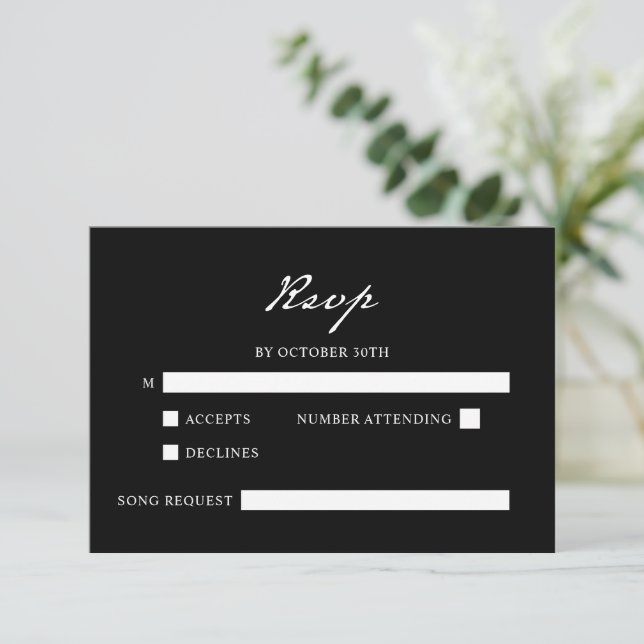 Pen Script Minimalist Calligraphy Black Wedding RSVP Card (Standing Front)