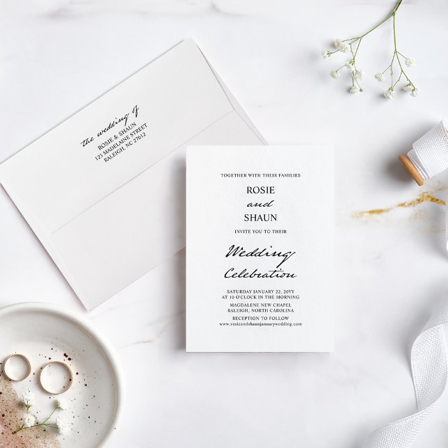 Pen Script Minimalist Calligraphy White Wedding Invitation (Creator Uploaded)
