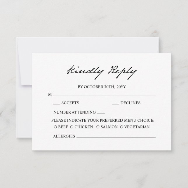 Pen Script Minimalist Calligraphy White Wedding RSVP Card (Front)