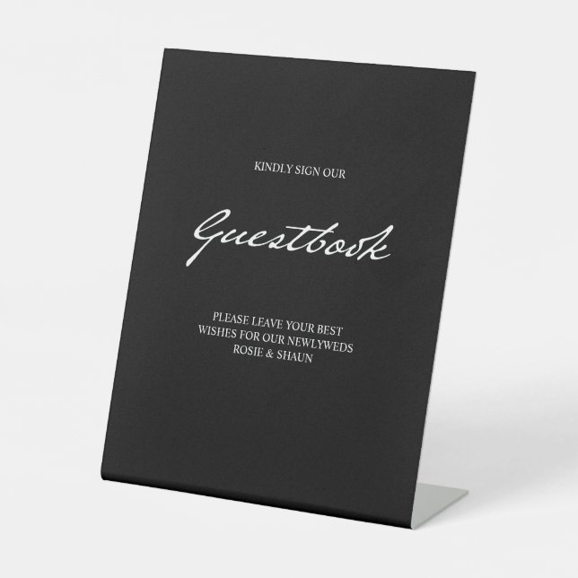 Pen Script Modern Minimal Guestbook Black Wedding Pedestal Sign (Front)