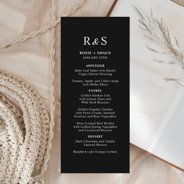 Pen Script Modern Minimal Monogram Black Wedding Menu (Creator Uploaded)