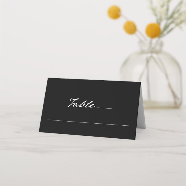 Pen Script Modern Minimal Monogram Black Wedding Place Card (Front)