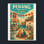 Penang, Malaysia, in a vibrant retro travel Holiday Postcard<br><div class="desc">Travel poster featuring Penang, Malaysia, in a vibrant retro travel illustration style. Central scene showing George Town heritage shophouses with colorful facades, street art murals, and traditional Chinese lanterns. Coastal elements with blue sea and warm tropical sky in the background. Blend of multicultural details: colonial architecture, temple rooftops, and local...</div>