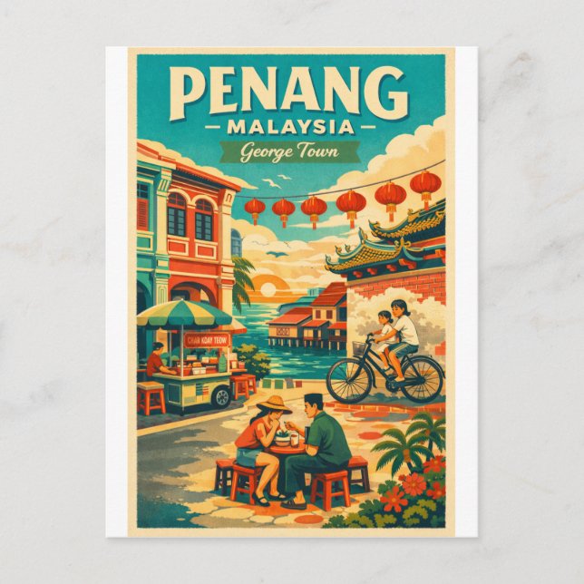  Penang, Malaysia, in a vibrant retro travel Holiday Postcard (Front)