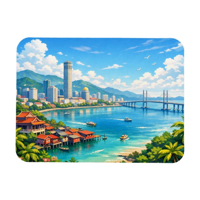 Penang Malaysia Skyline Postcard Magnet (Horizontal)