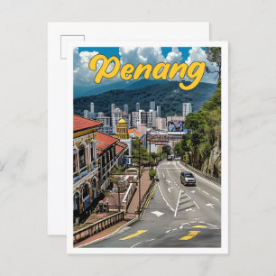Penang Malaysia Vintage Art Travel Illustration Postcard