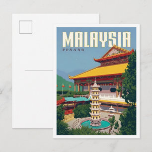 Penang Malaysia Vintage Art Travel Postcard