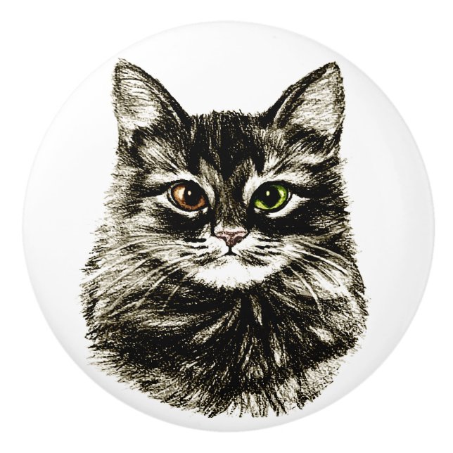 Pencil Drawing Cat Face Cabinet Drawer Pulls Knobs (Front)