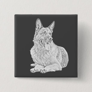 Pencil Drawing Happy German Shepherd Pin Button