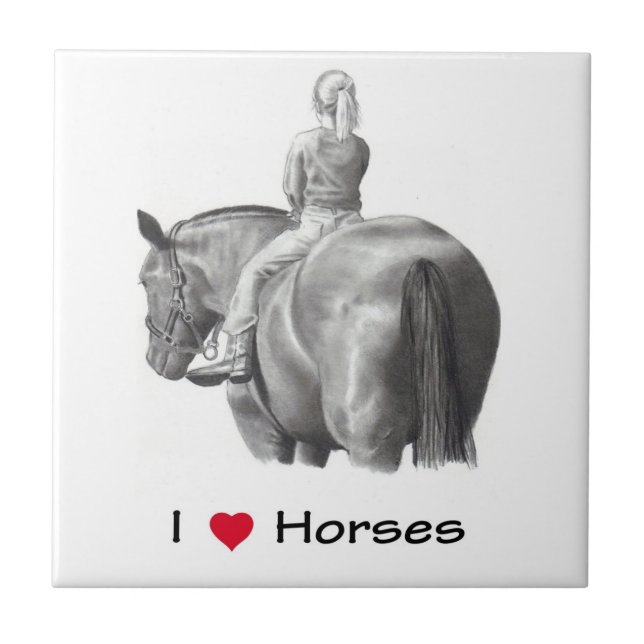 Pencil Drawing: I Love Horses: Girl on Horse Tile (Front)