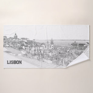 Pencil drawing of Alfama district Lisbon Bath Towel