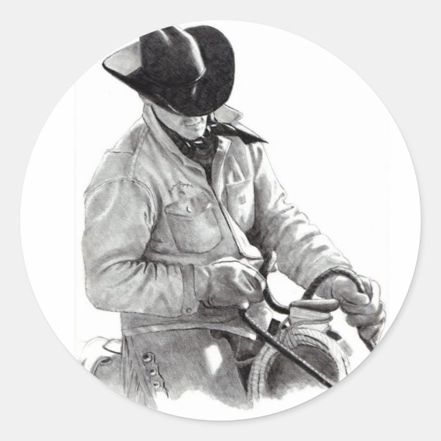 Pencil Drawing of Cowboy in Saddle, Western Art Classic Round Sticker (Front)