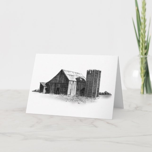 PENCIL DRAWING: OLD BARN, SILO: REALISM CARD (Front)