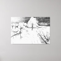 Pencil drawing relaxing nature scene trees river