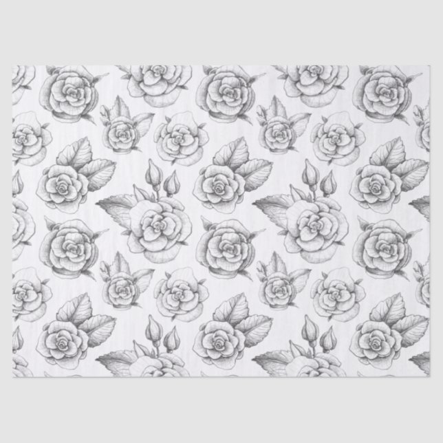 Pencil Drawings of Roses on White Decoupage Tissue Paper (Front)
