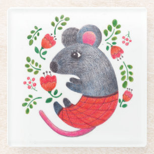 Pencil drawn mouse glass coaster